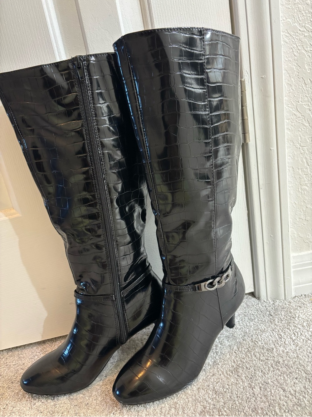 Karen Scott Black Croc-Embossed Knee Boots with Chain Accent NWOT
